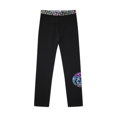 Shop Versace Black And Multicolour Medusa Print Logo Leggings In Black/multicolor