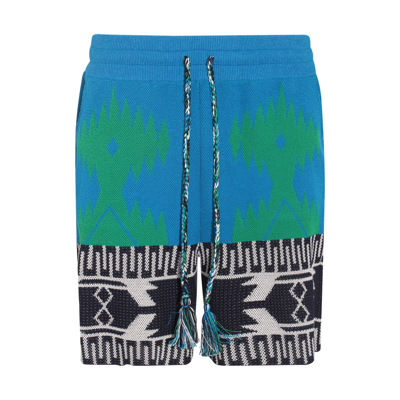 Shop Alanui Blue Multicolour Cotton Blend Shorts In Blue Forest/gre