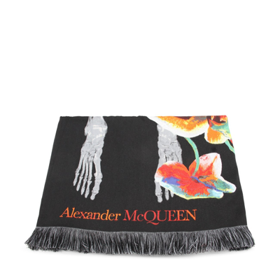 Shop Alexander Mcqueen Black Multicolour Wool Blend Ordchid Skeleton Scarf In Black/red