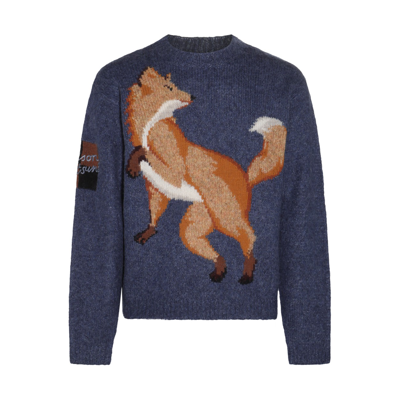 Shop Maison Kitsuné Blue Wool Blend Fox Intarsia Sweater In Denim Blue