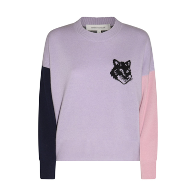 Shop Maison Kitsuné Lilac Black And Pink Wool Fox Head Jumper In Light Purple/grey