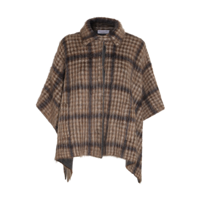 Shop Brunello Cucinelli Brown Virgin Wool And Mohair Check Cape