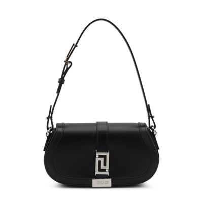 Shop Versace Black Leather Greca Goddess Shoulder Bag In Black/palladium