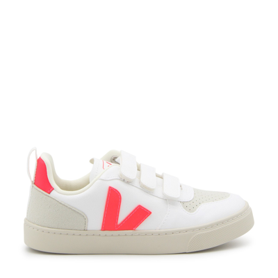 Shop Veja White And Rose Fluo Faux Leather V 10 Cwl Sneakers In White/rose Fluo