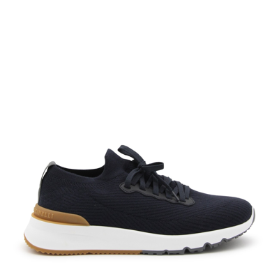 Shop Brunello Cucinelli Navy Blue And Beige Canvas Sneakers