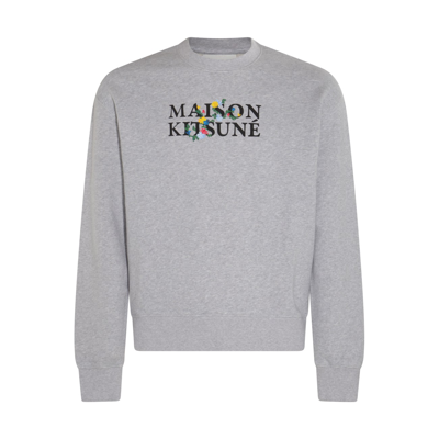 Shop Maison Kitsuné Light Grey Melange Flower Lettering Sweatshirt