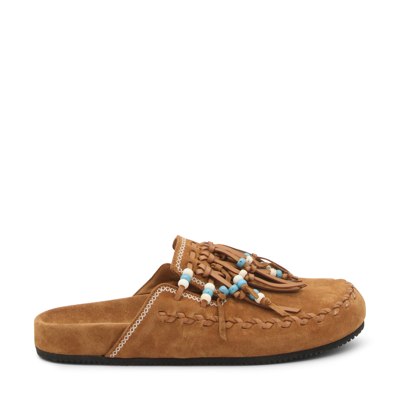 Shop Alanui Camel Brown Suede Salvation Mountain Slippers
