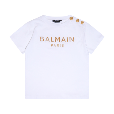 Shop Balmain White Cotton T-shirt In White/gold