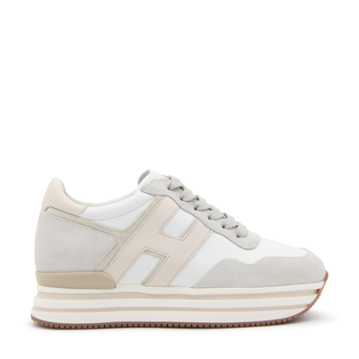 Shop Hogan White And Beige Leather Midi H222 Sneakers