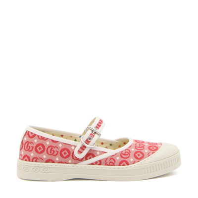 Shop Gucci Red And White Canvas Double G Flats In Panna