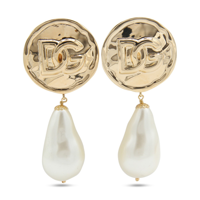 Shop Dolce & Gabbana Gold Metal And Pearl Dg Logo Earrings