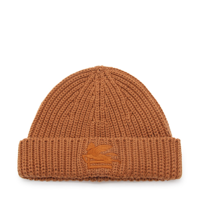 Shop Etro Beige Wool Logo Beanie Hat