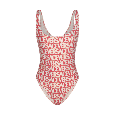 Shop Versace Pink And White Swimsuit In Pink/ivory