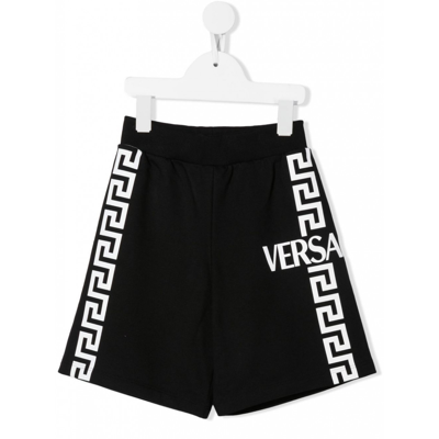 Shop Versace Black And White Cotton La Greca Shorts In Nero+bianco