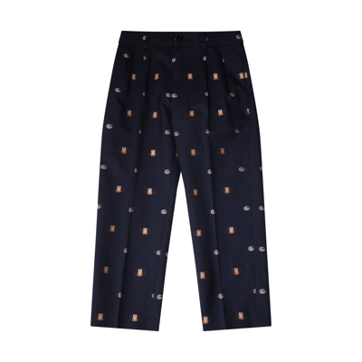 Shop Gucci Navy Wool And Cotton Blend Gg Pants