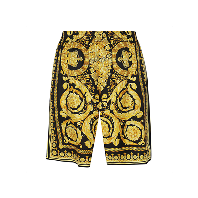 Shop Versace Black And Gold-tone Silk Shorts