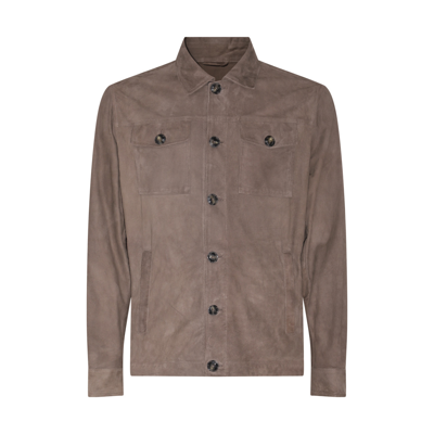Shop Barba Brown Leather Jacket In Stone