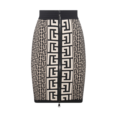 Shop Balmain Ivory And Black Wool And Viscose Blend Monogrammed Midi Skirt In Ivory/black