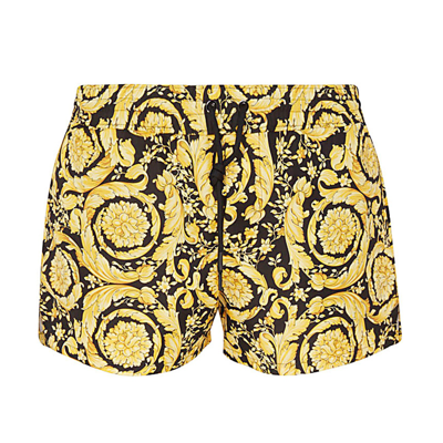 Shop Versace Black And Gold Baroque Swim Shorts In Gold-black