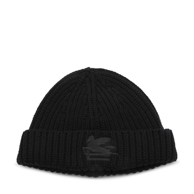 Shop Etro Black Wool Logo Beanie Hat