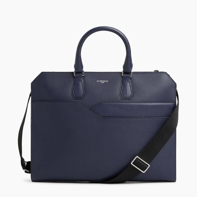 Shop Le Tanneur Porte Documents Slim 15" Gaston En Cuir Grain Croisé In Blue