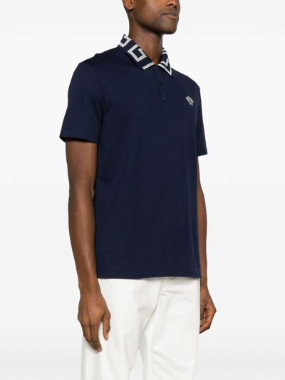 Shop Versace Greca Cotton Polo Shirt In Blue