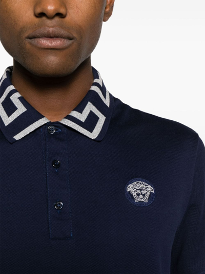 Shop Versace Greca Cotton Polo Shirt In Blue