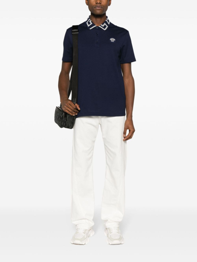 Shop Versace Greca Cotton Polo Shirt In Blue