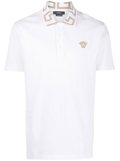 Shop Versace Greca Organic Cotton Polo Shirt In White