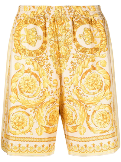 Shop Versace Barocco Print Silk Shorts In Gold