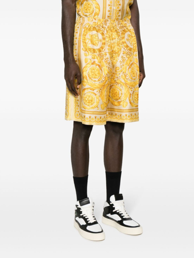 Shop Versace Barocco Print Silk Shorts In Gold