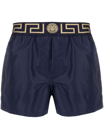 Shop Versace Greca Trim Swim Shorts In Blue