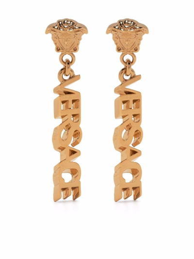 Shop Versace La Medusa Logo Drop Earrings In Gold