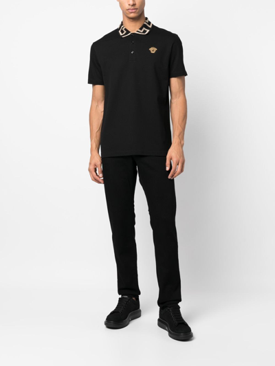 Shop Versace Greca Organic Cotton Polo Shirt In Black