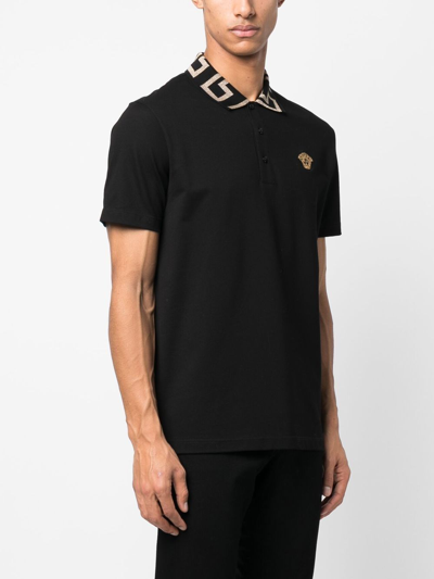 Shop Versace Greca Organic Cotton Polo Shirt In Black