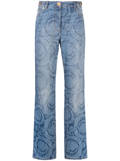 Shop Versace Barocco Print Denim Jeans In Blue