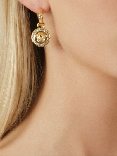 Shop Versace Crystal La Medusa Greca Earrings In Gold