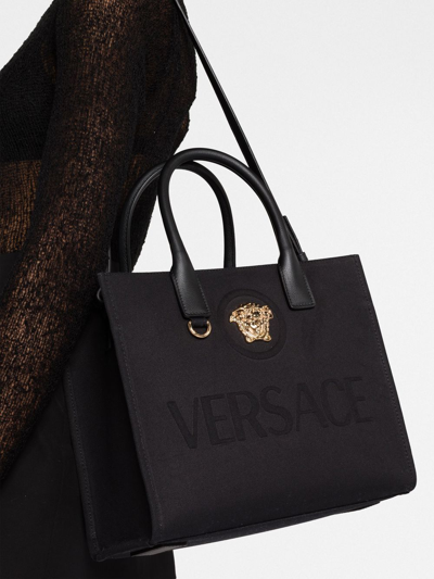 Shop Versace La Medusa Small Canvas Tote Bag In Black