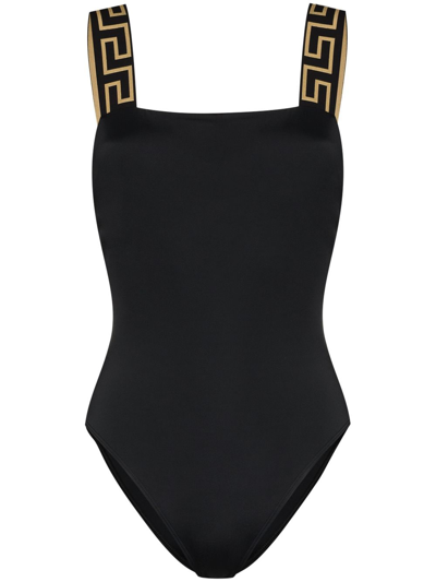 Shop Versace Greca-print Swimsuit In Black