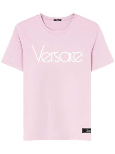 Shop Versace Logo Cotton T-shirt In Pink