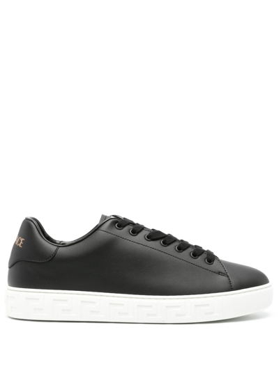 Shop Versace Greca Leather Sneakers In Black
