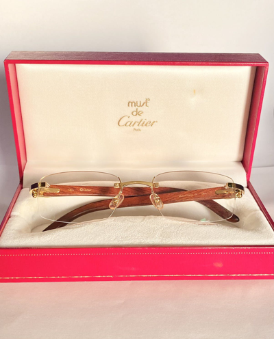 Pre-owned Cartier X Chrome Hearts 2000s Cartier Zebra Vintage Wood C Decor Rimless Frames In Gold