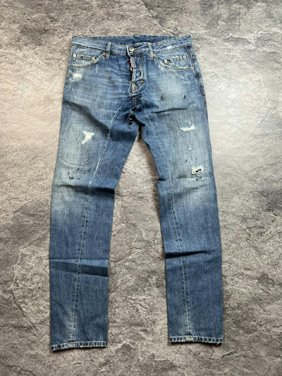 Pre-owned Dsquared2 Y2k  Distressed Washed Painted Skinny Pants In Washed Blue