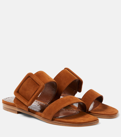 Shop Manolo Blahnik Titubaflat Suede Sandals In Brown