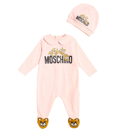 Shop Moschino Baby Printed Cotton Onesie And Hat Set In Pink