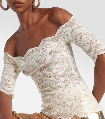 Rabanne Off-white Stretch Lace Short Sleeve Top In White