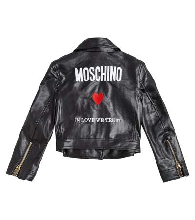 Shop Moschino Logo Faux Leather Jacket In Black