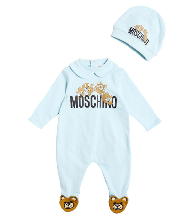 Shop Moschino Baby Printed Cotton Onesie And Hat Set In Blue