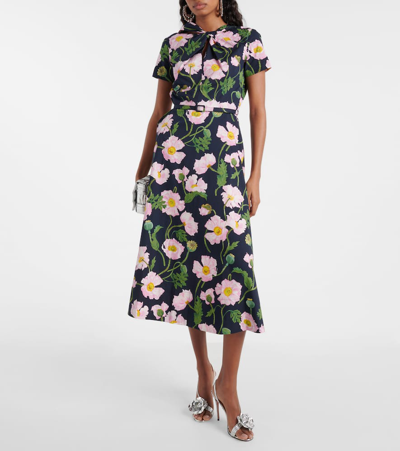 Shop Oscar De La Renta Floral Cotton Poplin Midi Dress In Multicoloured