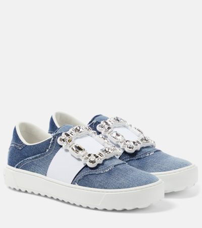 Shop Roger Vivier Very Vivier Fringed Denim Sneakers In Blue